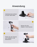 BCST-73 1D/2D Barcodescanner, kabellos 2.4GHz, Bluetooth 5.0, Displayscannen + BS04001 Barcode Scanner Ladestation - Inateck Office DE